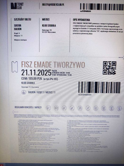 2 bilety Fish Emade Tworzywo w Stodole 21 listopada