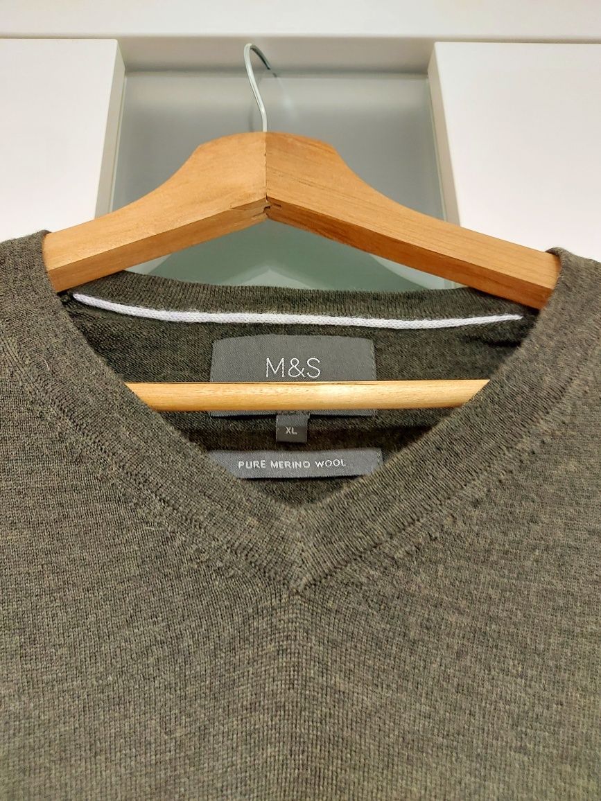 Sweter khaki pure merino wool wełna XL