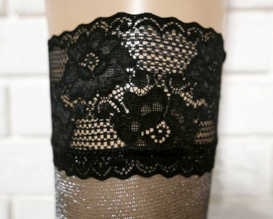 Ekskluzywne błyszczące pończochy samonośne z lurexem FIORE czarne r. 4