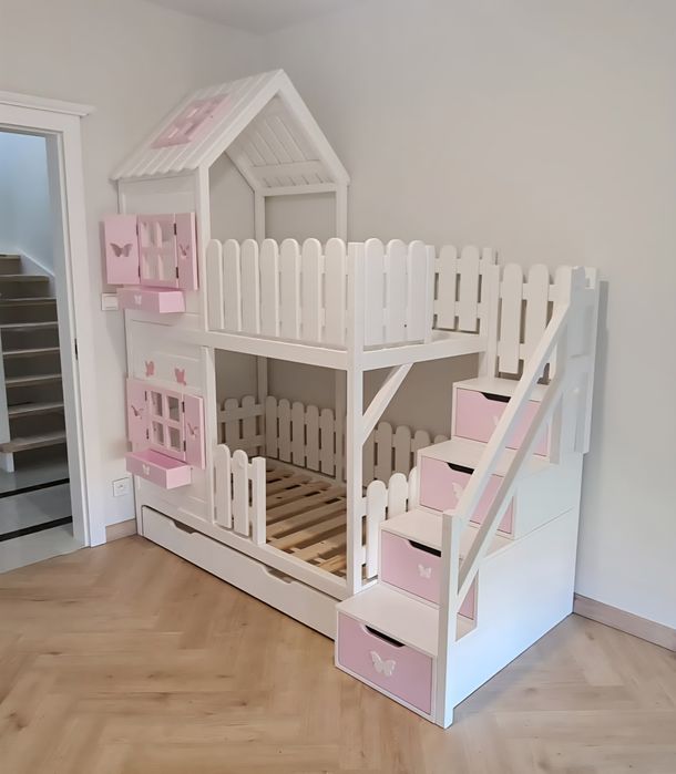 Łóżeczko domek drewniany łóżko piętrowe 80x160