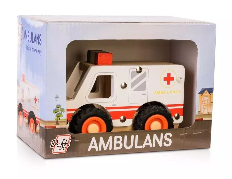 Drewniane auto z oponami - ambulans. Daffi. Nowy Produkt