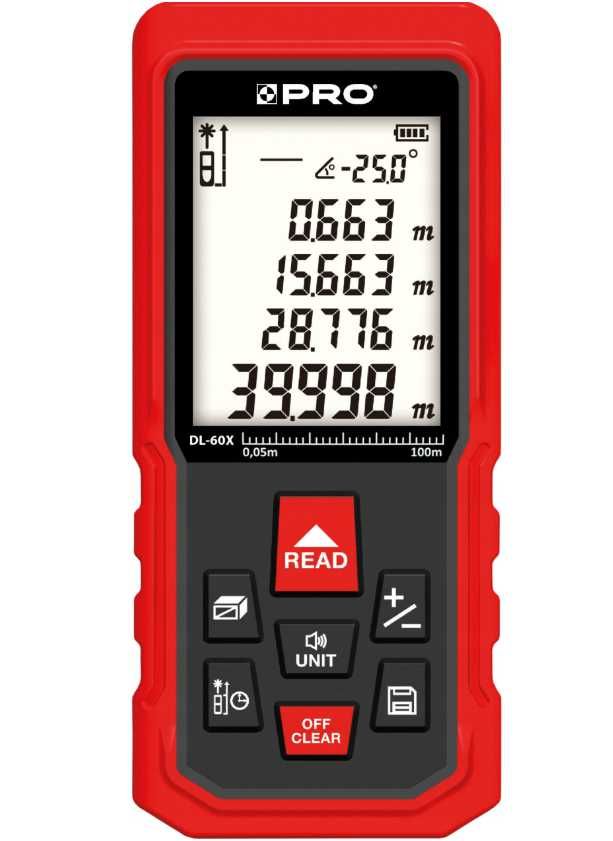 DALMIERZ LASEROWY PRO 60m DL-60X Etui Pasek 3xbateria Pamięć Prezent