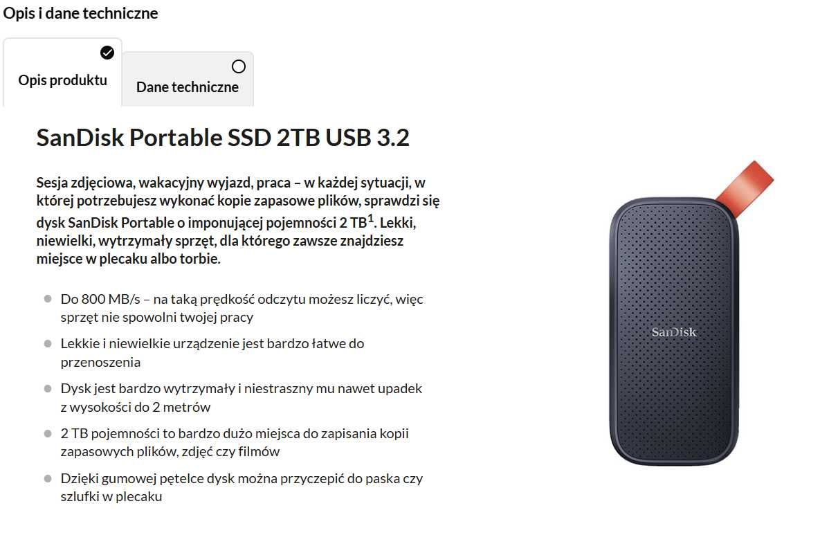 Dysk zewnętrzny SanDisk Portable SSD 2TB USB-C (nowa wersja SDSSDE30)