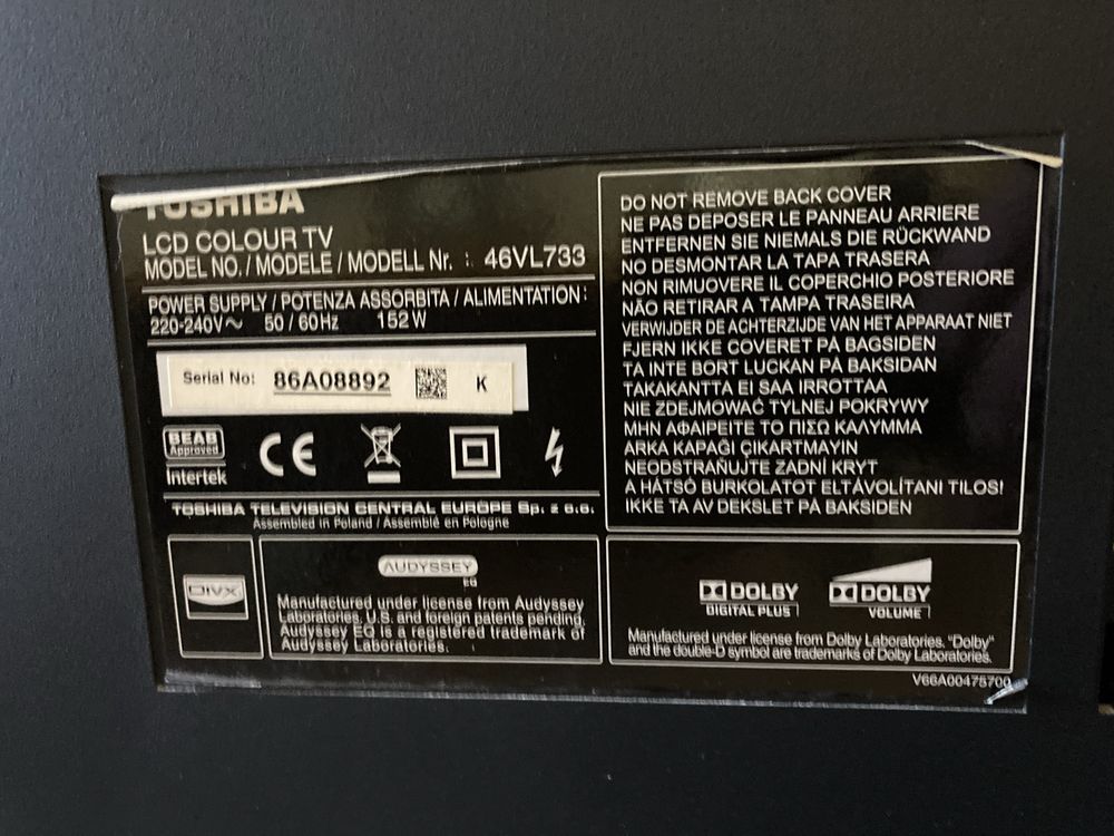 Телевизор TOSHIBA модель 46VL733