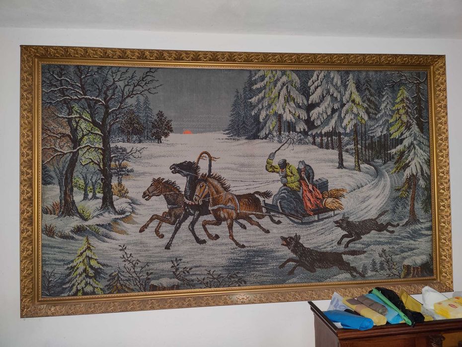 Ogromny obraz ścienny, gobelin 2,6 x 1,5 m. zima wilki zaprzęg sanie