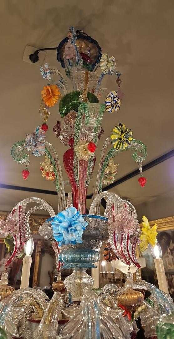 Lustre Murano 8 Braços Vidro Soprado Multicolorido com Flores Séc. XX