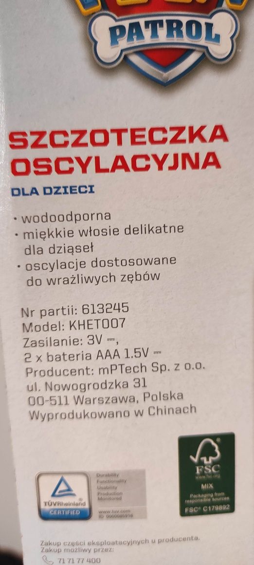 Szczoteczka do zębów dla dzieci oscylacyjna psi patrol chase Nickelode