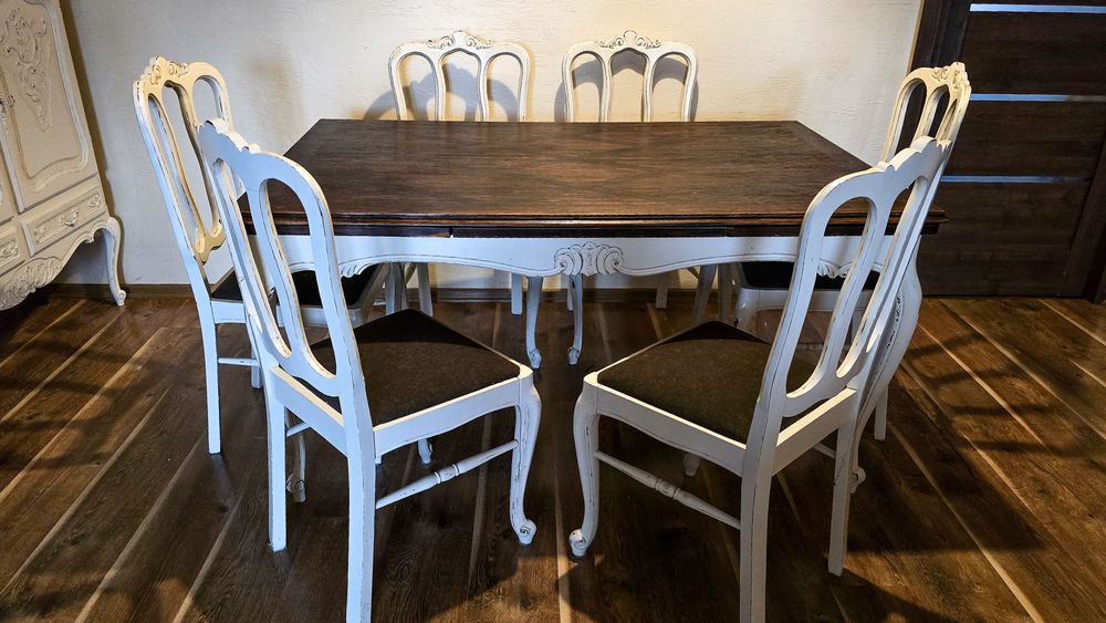 Francuski stół dębowy + 6 krzeseł – oryginalny antyk po stylizacji