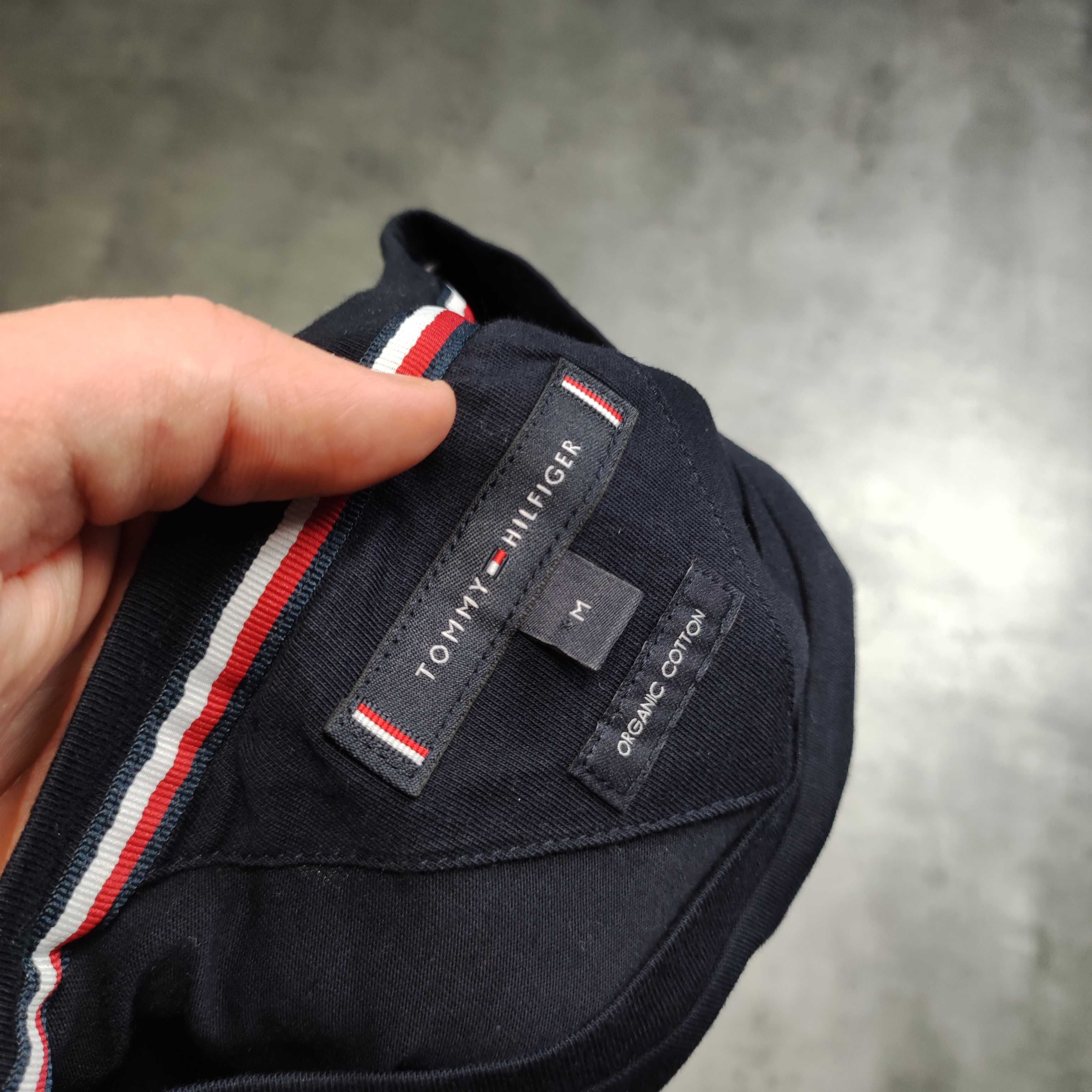 MĘSKA Koszulka Elegancka Granatowa Duże Logo Paski Tommy Hilfiger Haft