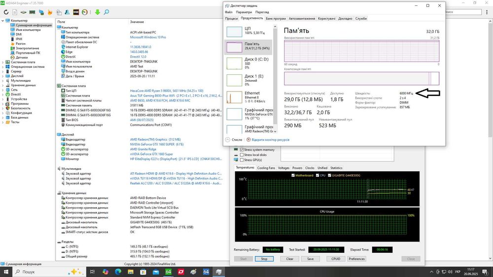 Asus TUF B650-PLUS WIFI+AMD Ryzen 5 9600X+DDR5 32Gb (2x16Gb) 6000MHz