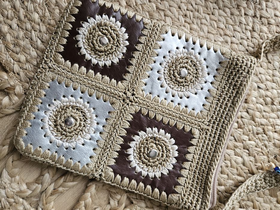Mini Torebka damska Szydełkowa Boho Patchwork Brąz Srebro