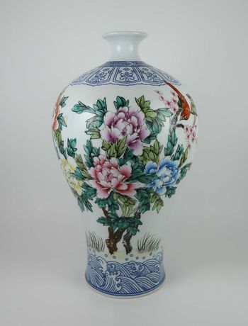 Jarra em Porcelana da China - Flores, Pássaros e Caligrafia