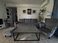 Zestaw sofa 4 os., fotel z podnozkiem i stolik kawowy