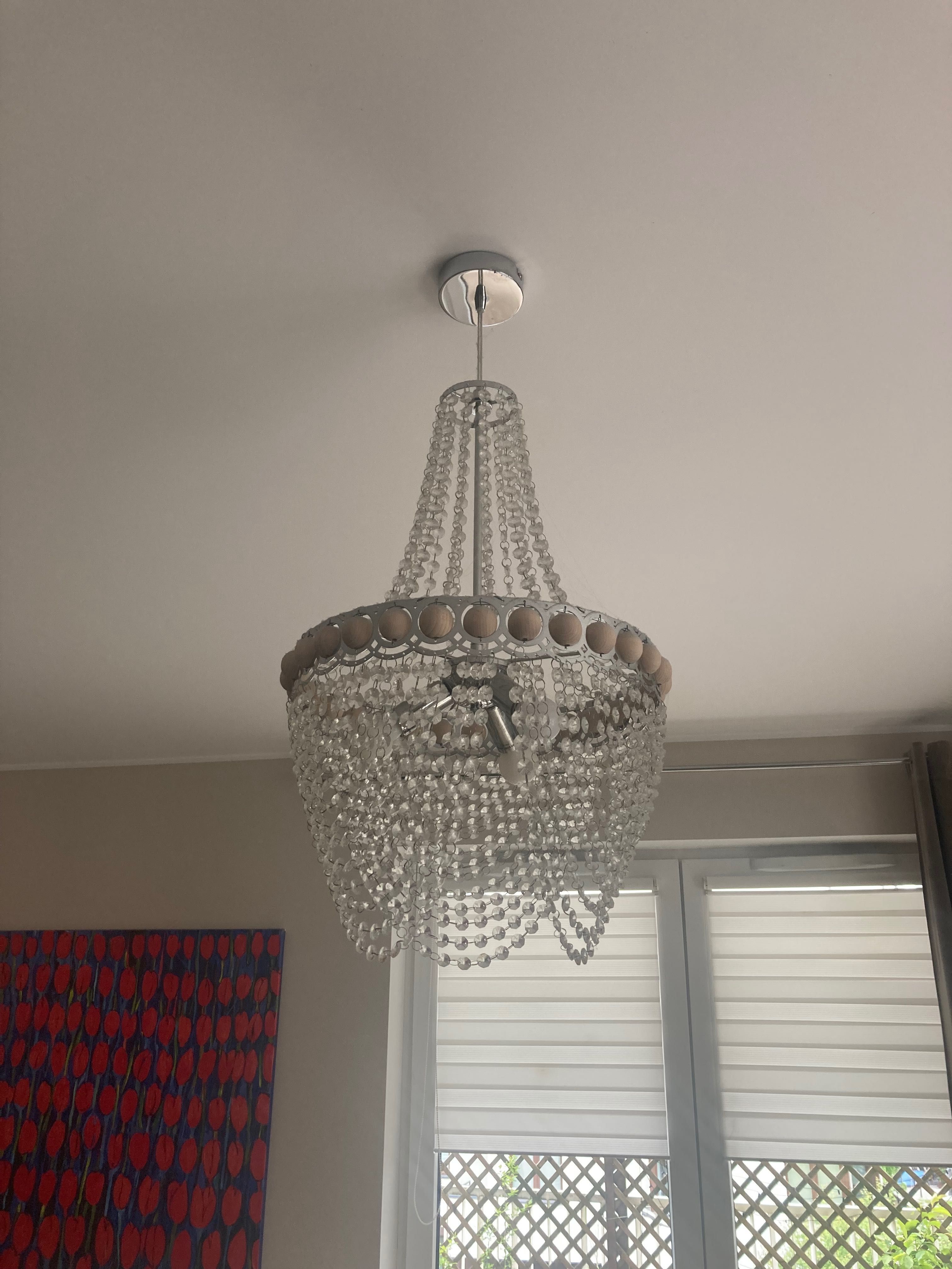 Żyrandol diamenciki i drewno. Lampa wisząca.