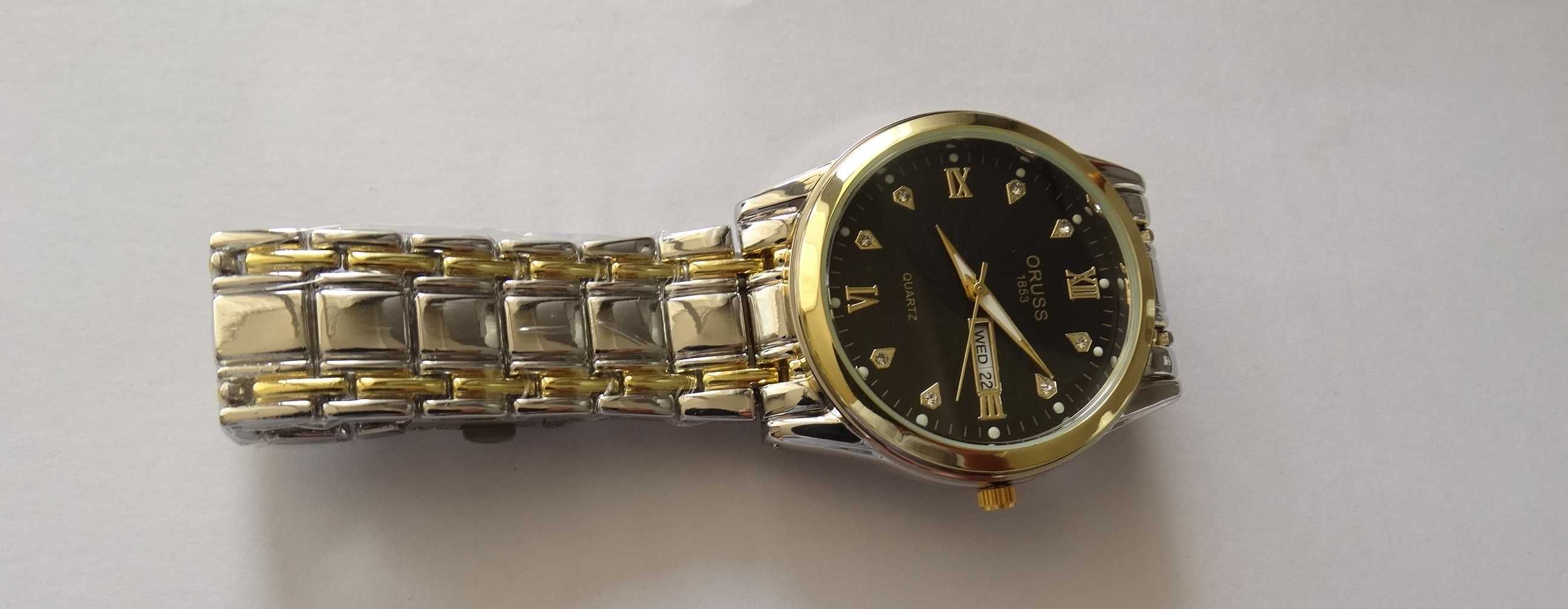 Męski zegarek kwarcowy klasyczny 41mm srebrno złoty datownik pudełko