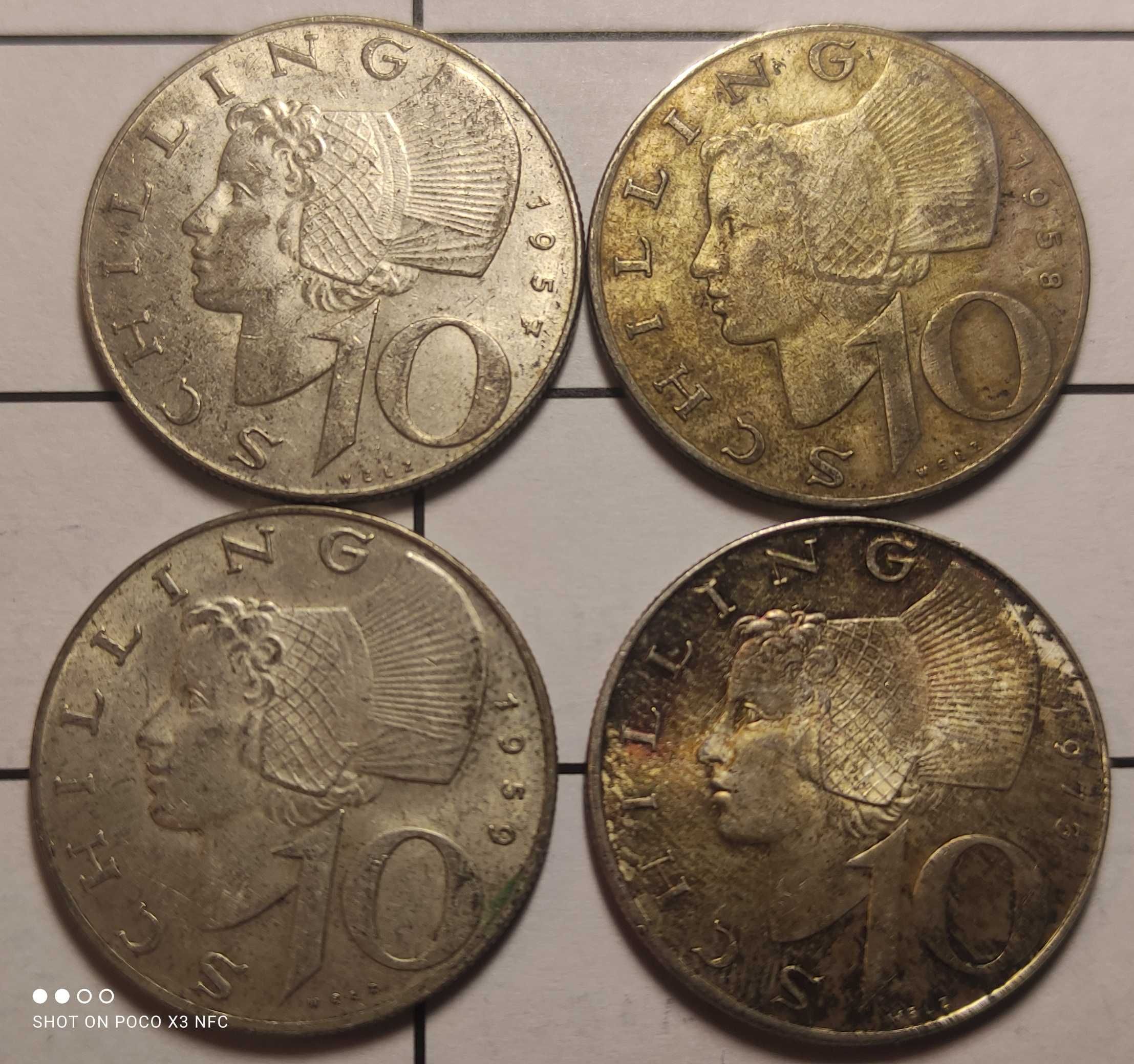 Zestaw 4 srebrnych monet 10 szylingów Austria z lat 1957-73 srebro Ag