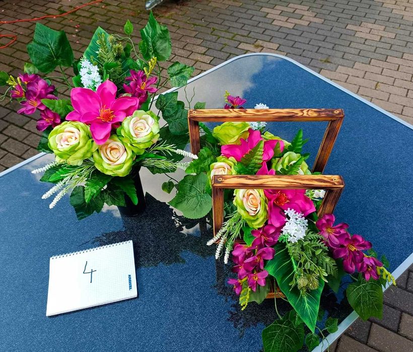 Komplety 2 cz.,stroiki na pomnik i do wazonu drewno, różowy,czerwony