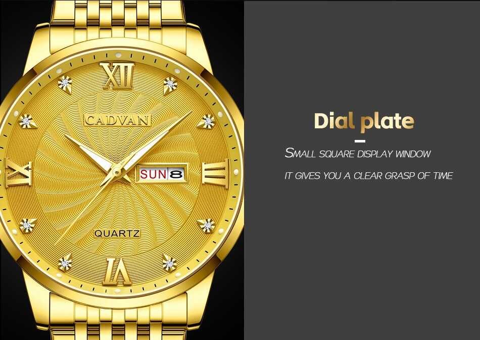 Kwarcowy zegarek męski klasyczny złoty 42mm Cadvan do garnituru luma
