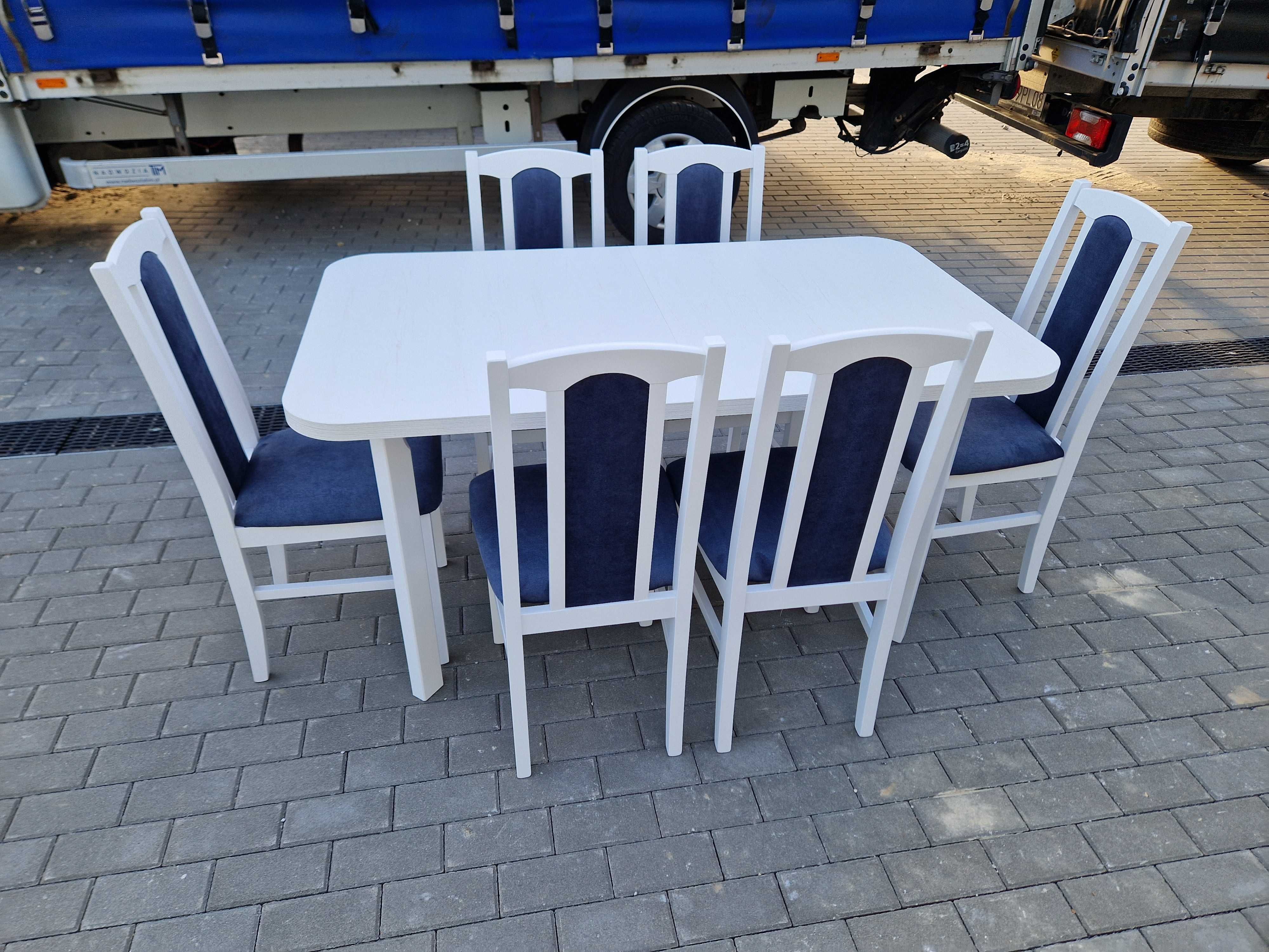 Nowe: Stół rozkładany + 6 krzeseł, biały + metaliczny granat , dostawa