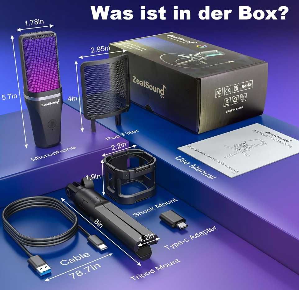 zealsound Mikrofon gamingowy USB PC, do streamingu podcast Studio