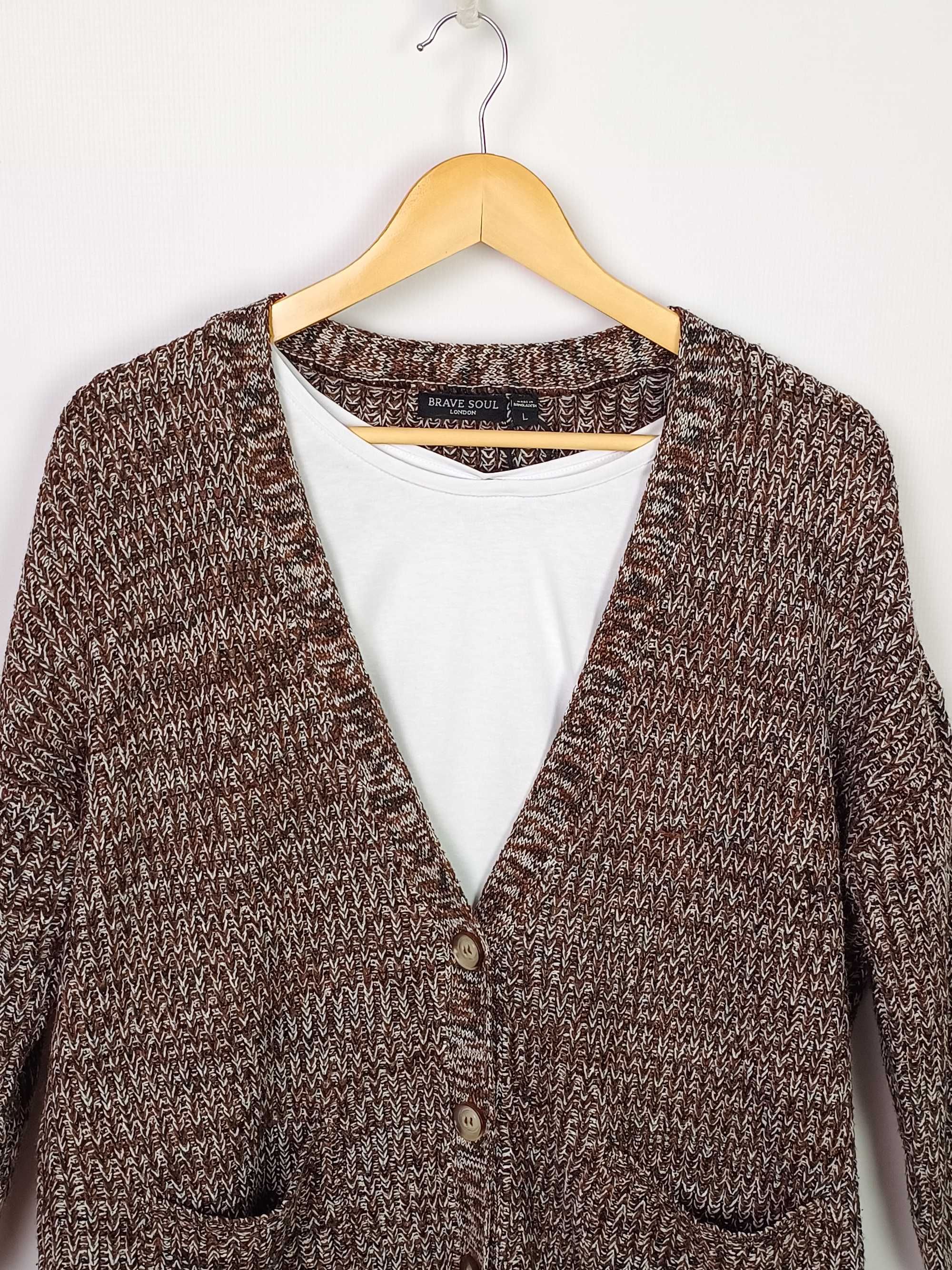 Brązowy czarny sweter kardigan dzianinowy Brave Soul 40 L oversize
