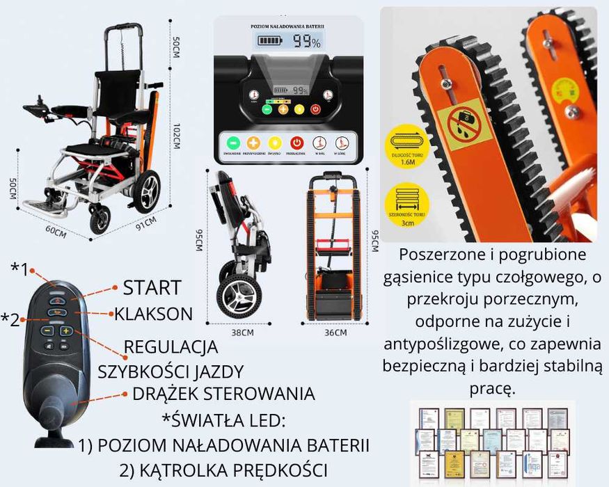 SCHODOŁAZ Funkcja Wózka Elektrycznego Odpinane Gąsienice NOWOŚĆ 169 KG