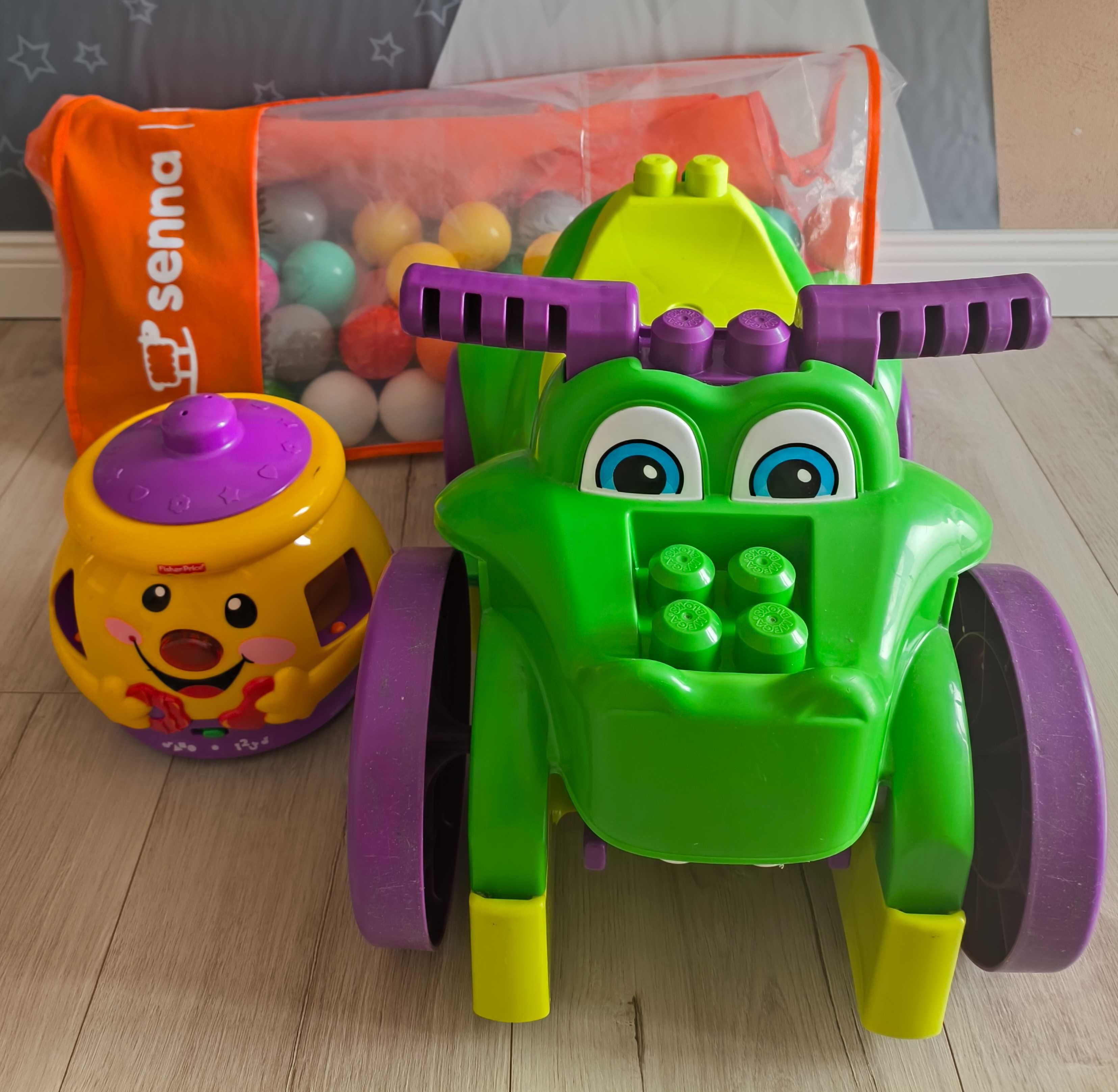 Jeździk krokodyl Fisher Price Mega Bloks piłki + Garnuszek Klocuszek