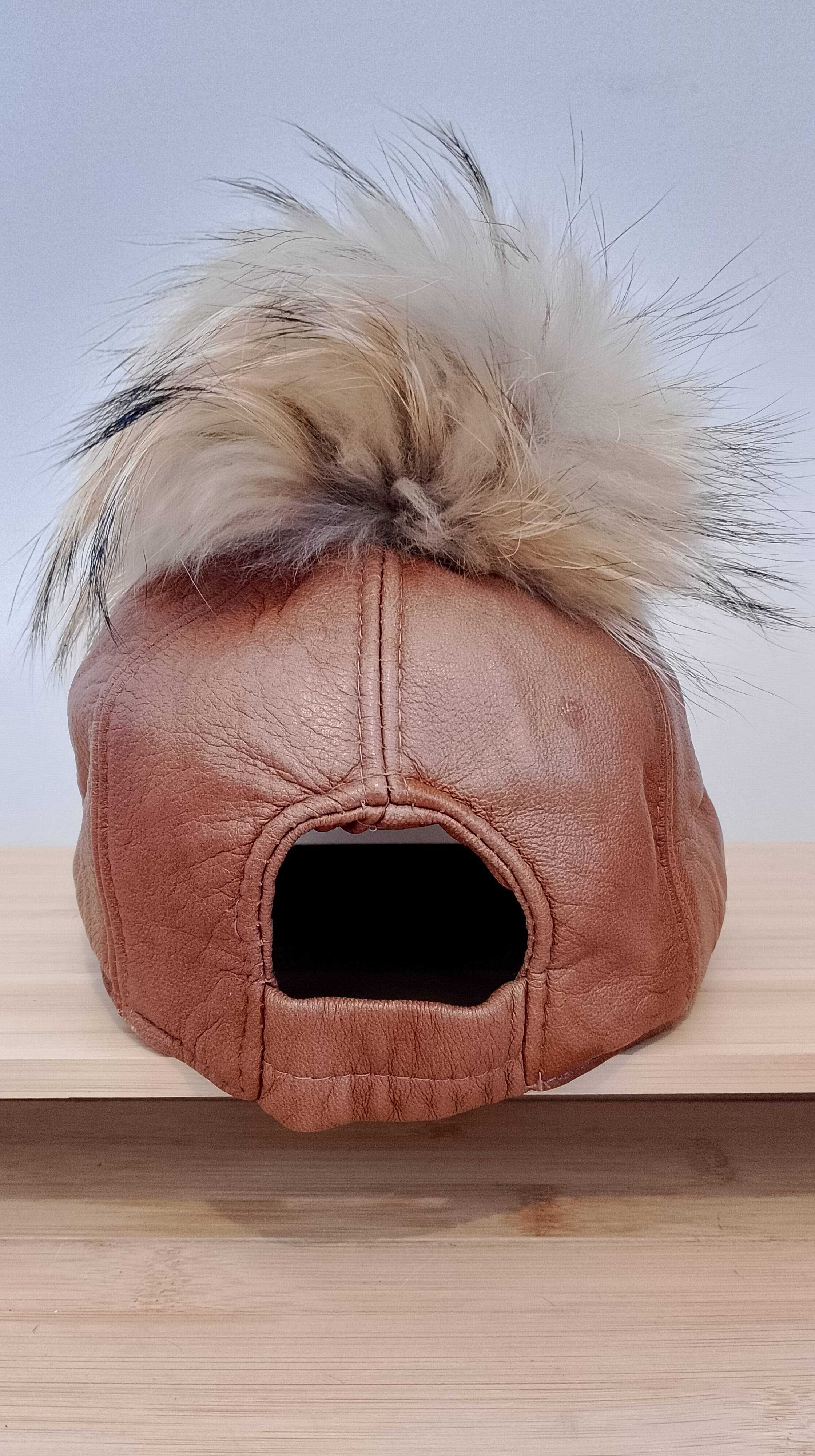 Czapka z daszkiem, skóra naturalna z jenotem. Piękna. S/M.