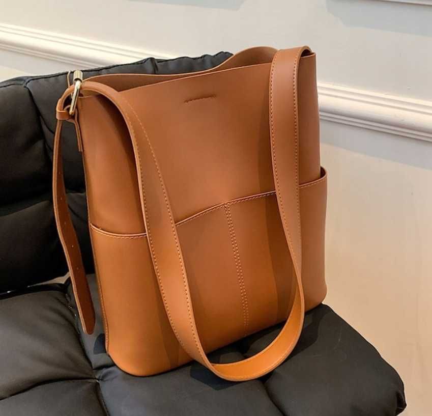 Torebka Damska Torba na Ramię Brązowa Pojemna Shopper A4 Eko Skóra