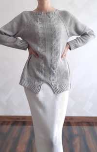 True vintage cotton Grey Jumper with braids Szary sweter z warkoczami