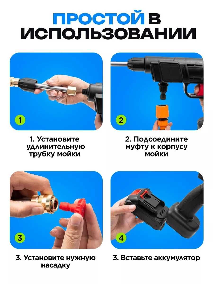 РЕАЛЬНЫЕ ФОТО|Аккумуляторная мойка высокого давления медный мотор 2АКБ
