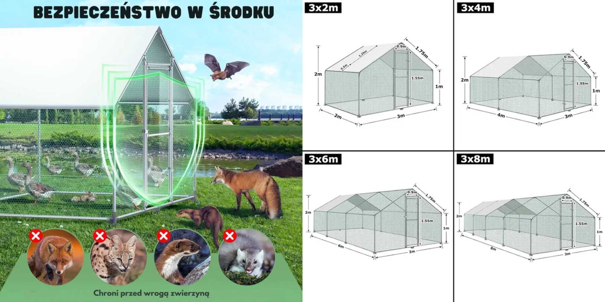 WOLIERA Dla Kur Niosek Kaczek Kotów Drobiu Kurnik Zagroda Wybieg3x8x2m