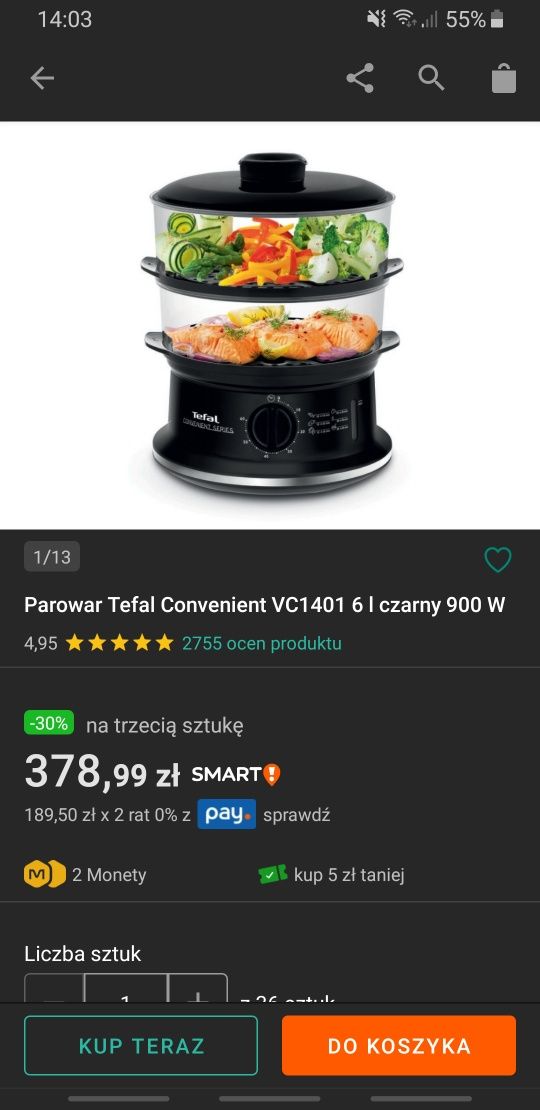 Parowar Tefal Convenient VC1401 6 l czarny 900 W