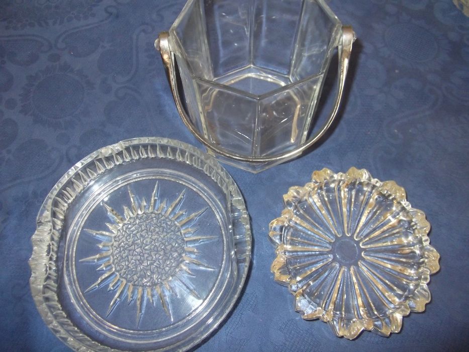 Conjunto copos, taças, castiçais, balde gelo e galheteiro em vidro