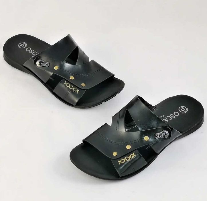 Мужские Шлёпанцы Тапочки Сланцы Чёрные Кожаные