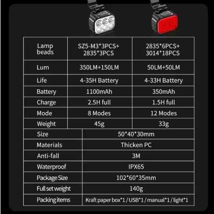 Lâmpadas LEDs dianteira e traseira impermeável para bicicleta.