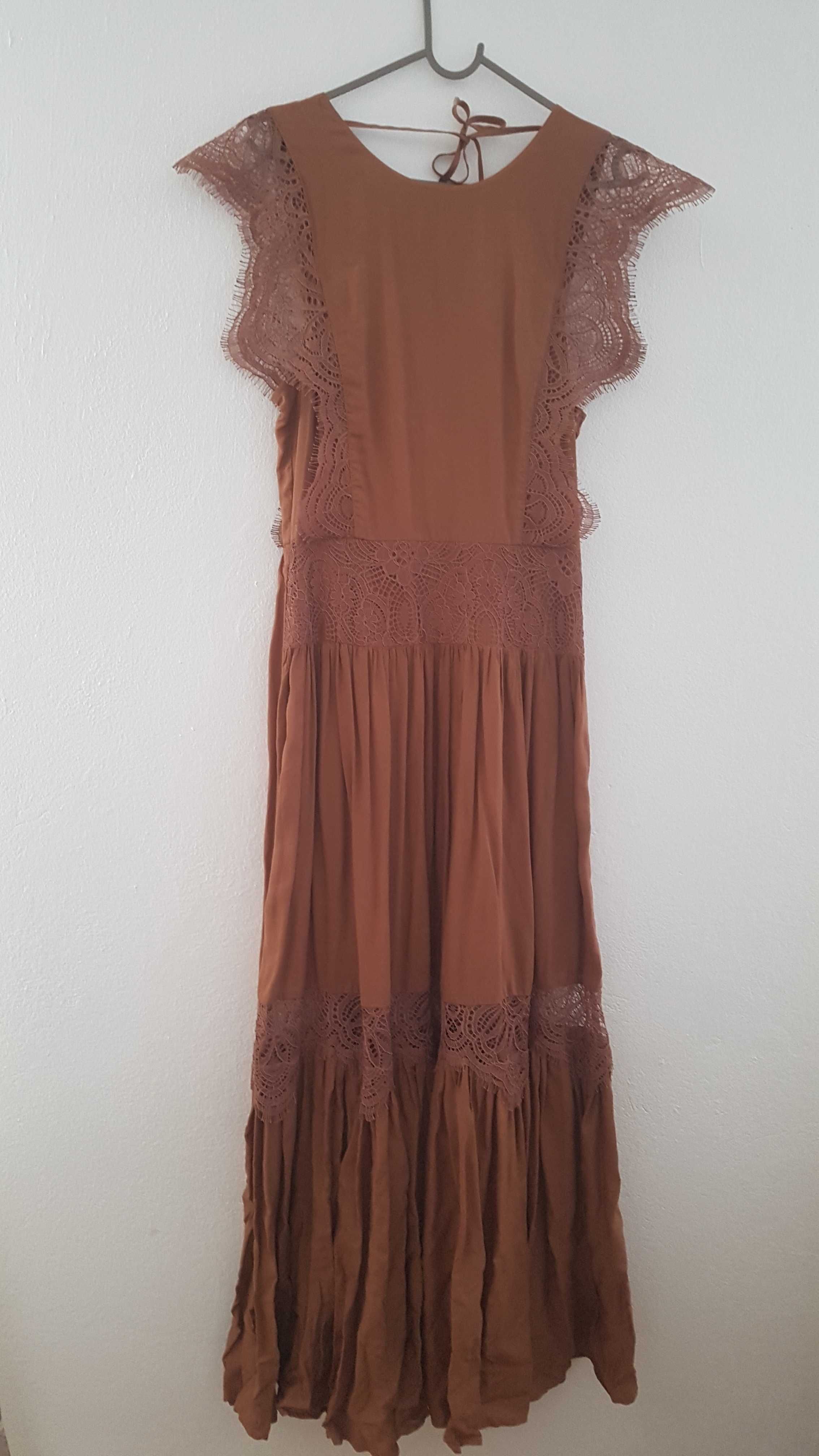 H&M Brazowa sukienka z koronka boho 36 S M wesele