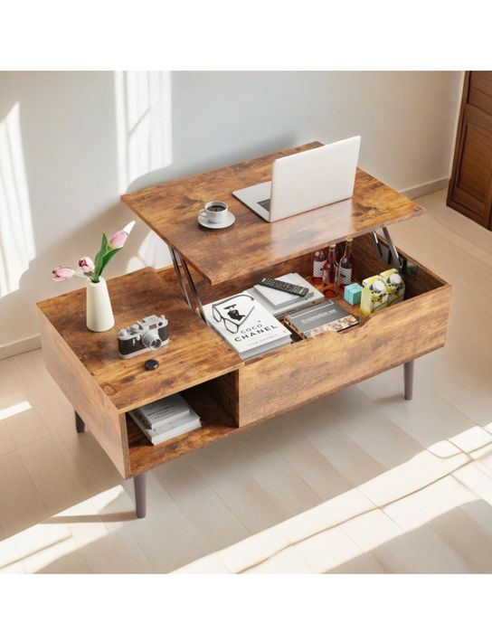 Stolik kawowy drewniany podnoszony blat schowek półka rustykalny