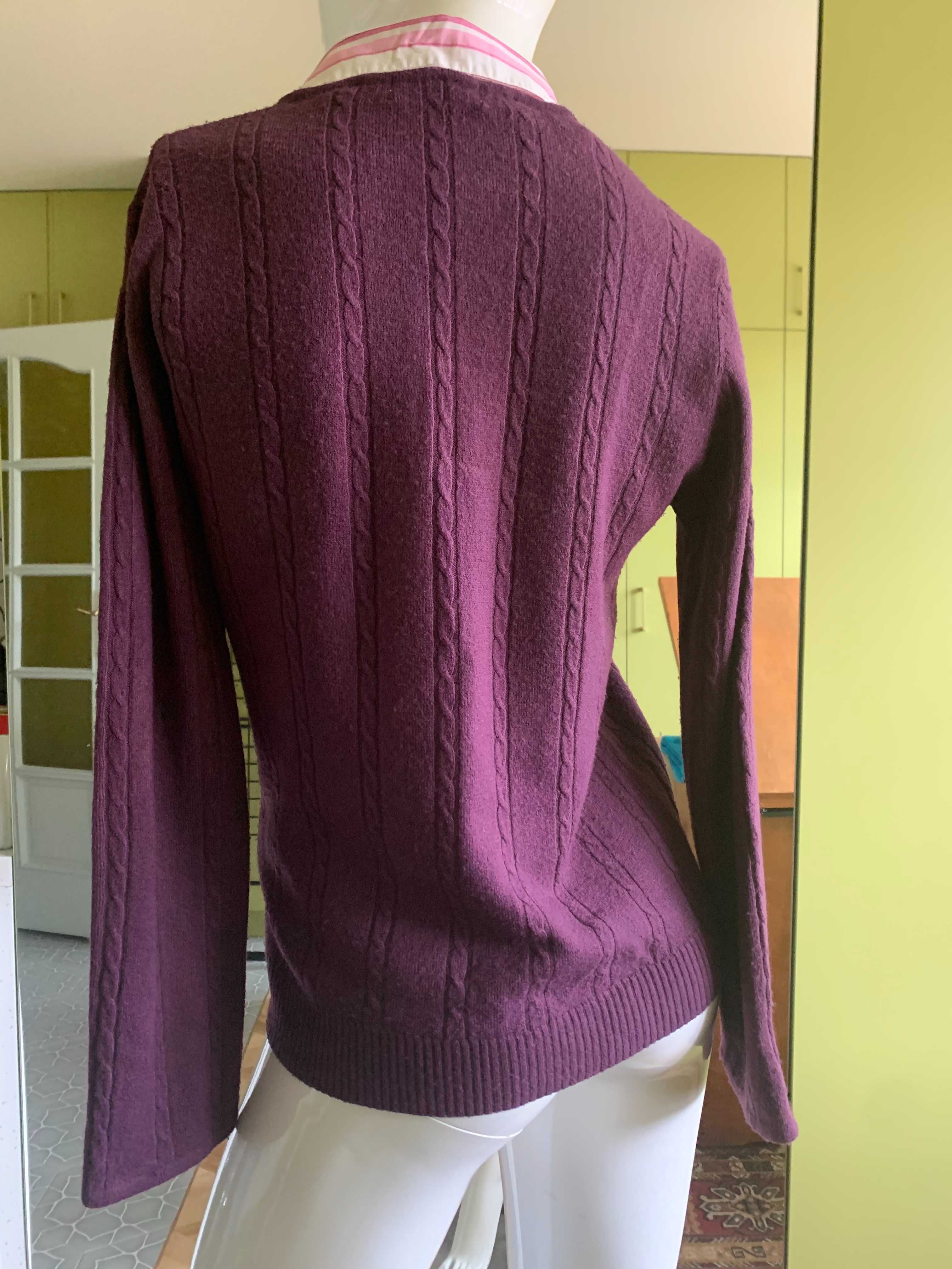 Bordowy sweter Damart z przypinanym kołnierzykiem roz. XL 42
