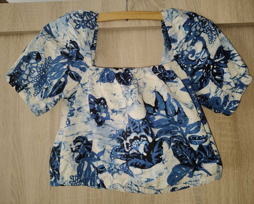 Bluzka dekolt kwadratowy karo bufki crop top 36 S H&M