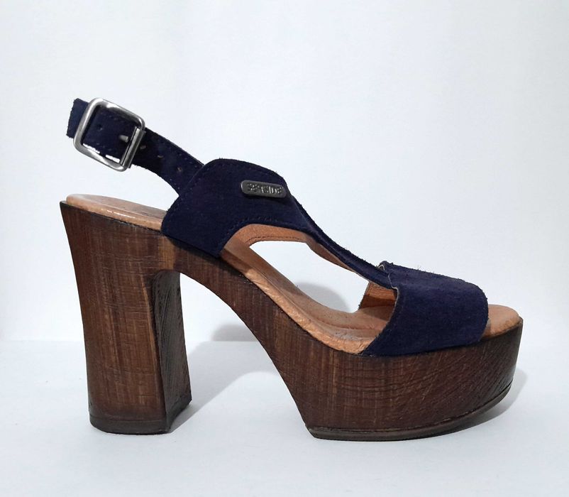 Sandálias azuis compensadas em pele e madeira Seaside nº 36