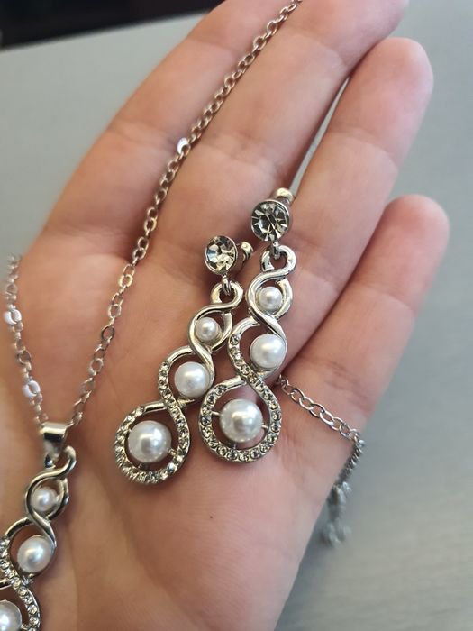 Srebrny Perłowy Zestaw Komplet Biżuterii Perły Perełki