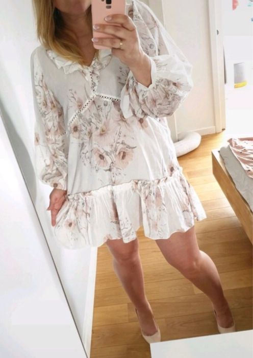 Piękna boho sukienka / tunika H&M 44 / 2XL  biały beżowy pudrowy róż