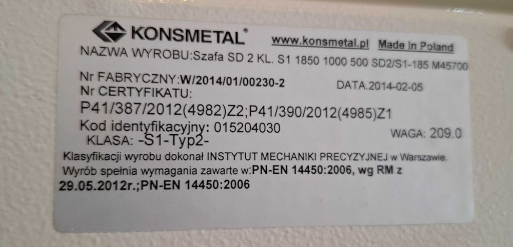 Szafa pancerna  Konsmetal SD2 klasa S1, 209 kg, dwa zamki