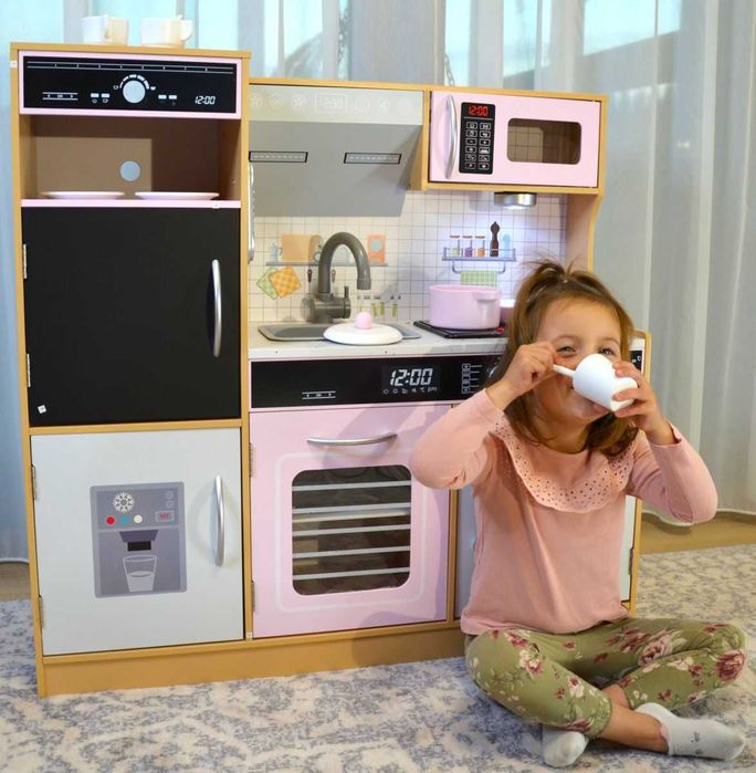 Duża drewniana kuchnia czarno różowa kuchenka dla dzieci