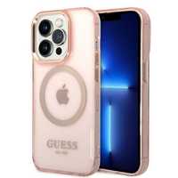 Guess Etui iPhone 14 Pro Różowy Gold Outline Translucent MagSafe