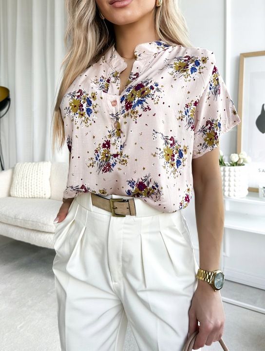 Elegancka Bluzka Damska Wygodna Bawełniana Modny Print Kwiaty Plus Siz