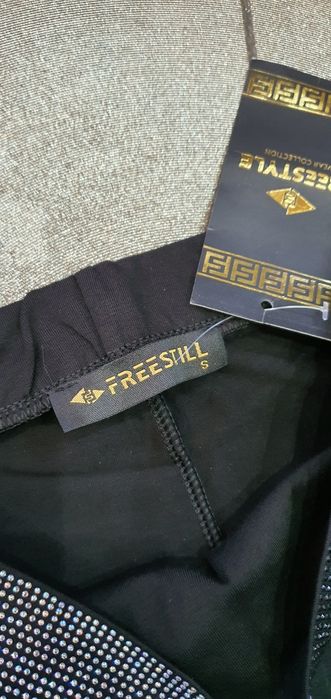 Śliczne czarne legginsy zdobione szeroki cyrkoniowy pas wysoki stan  S