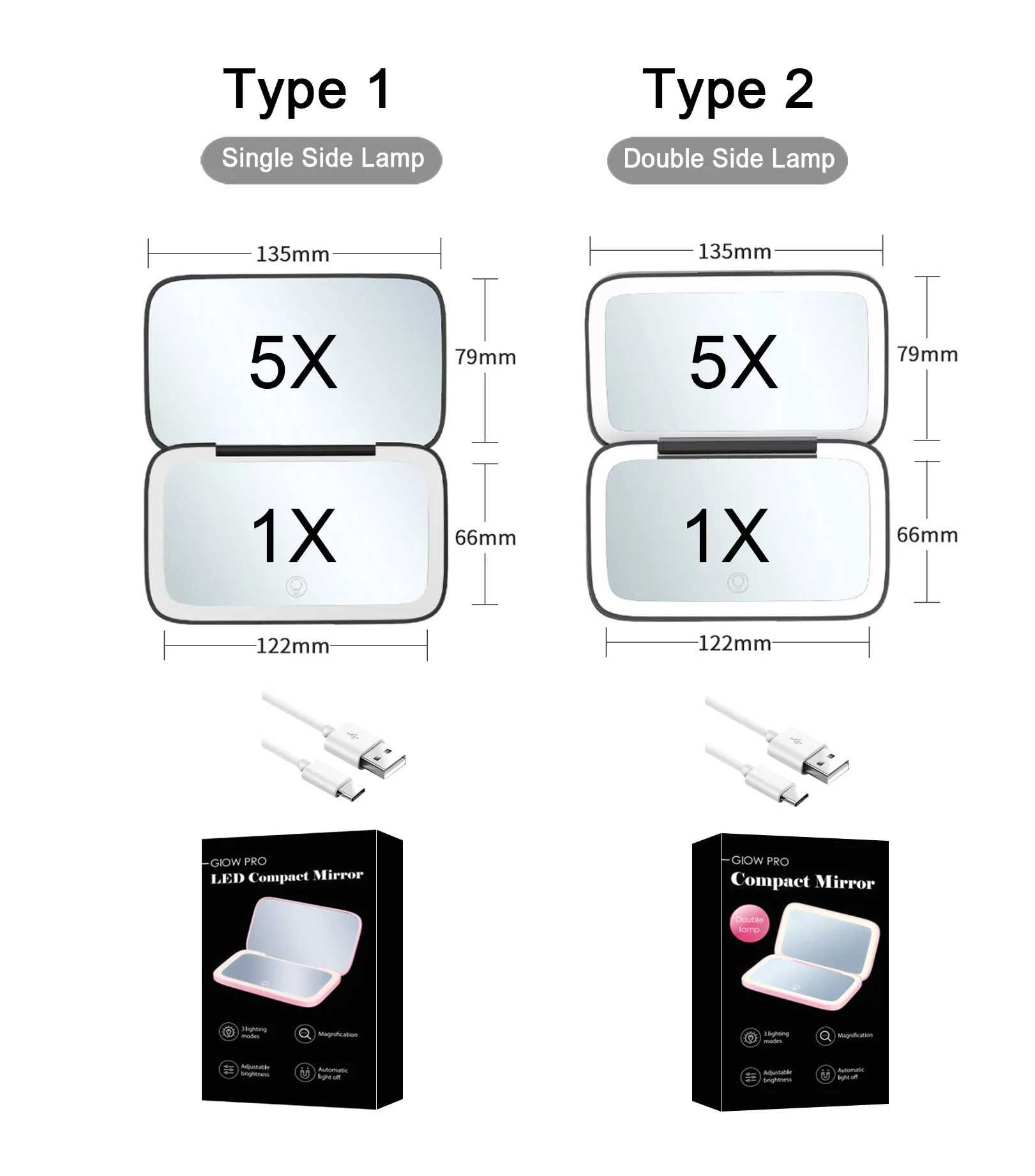 Espelho Portátil com Luz Led e Ampliação 5x e 1x