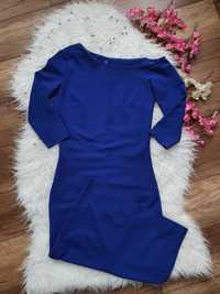 XA103 sukienka wieczorowa chabrowa niebieska rękaw 3/4 midi ramię